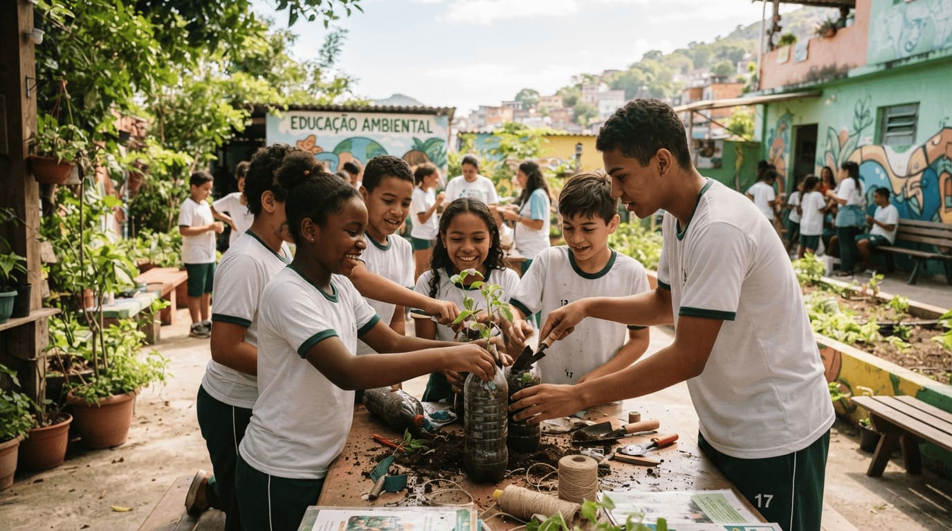 Estudantes em oficina maker desenvolvendo soluções com prototipagem eletrônica e braço robótico