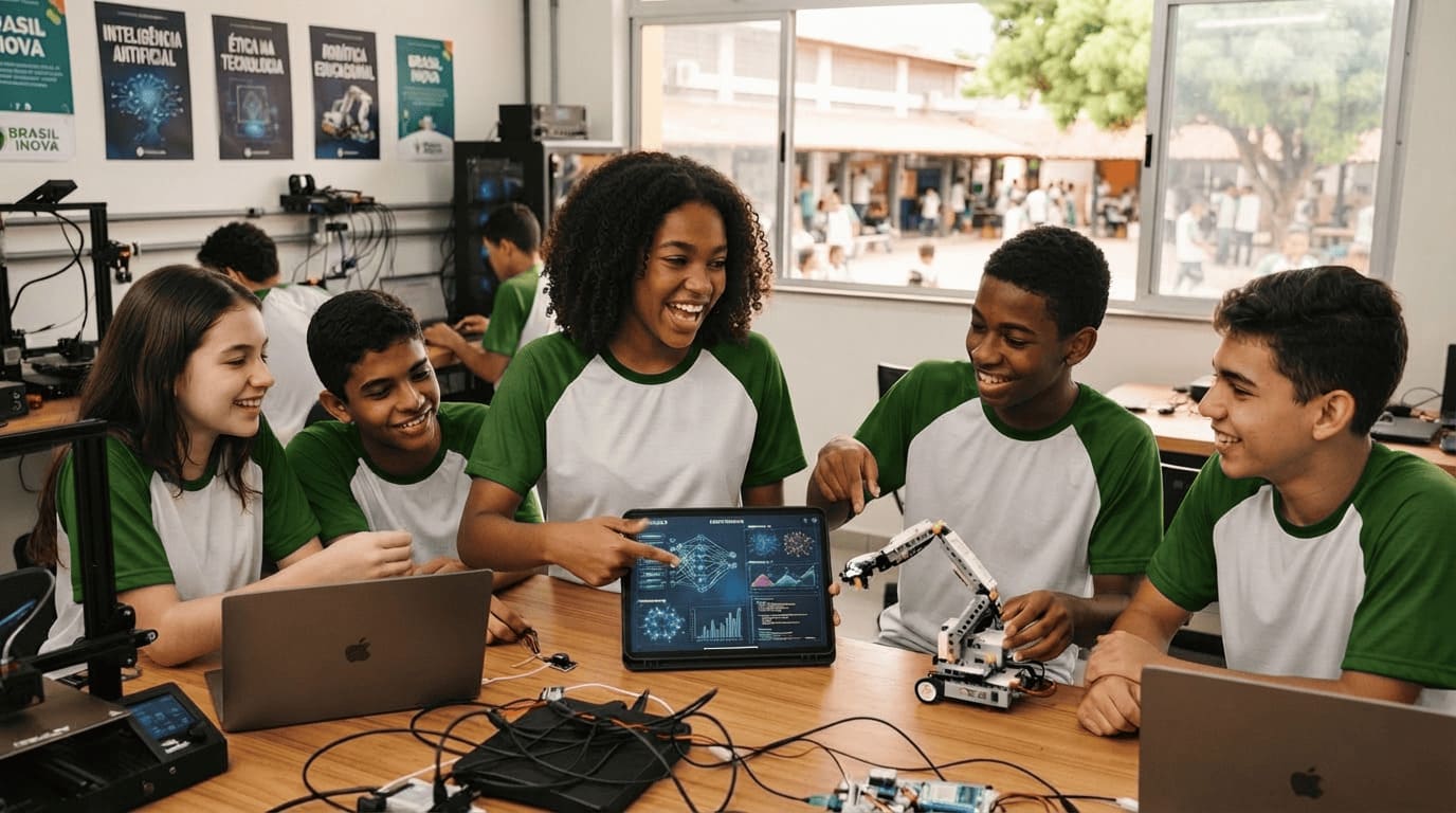 Alunos colaborando com tablet e componente de inteligência artificial em formação prática