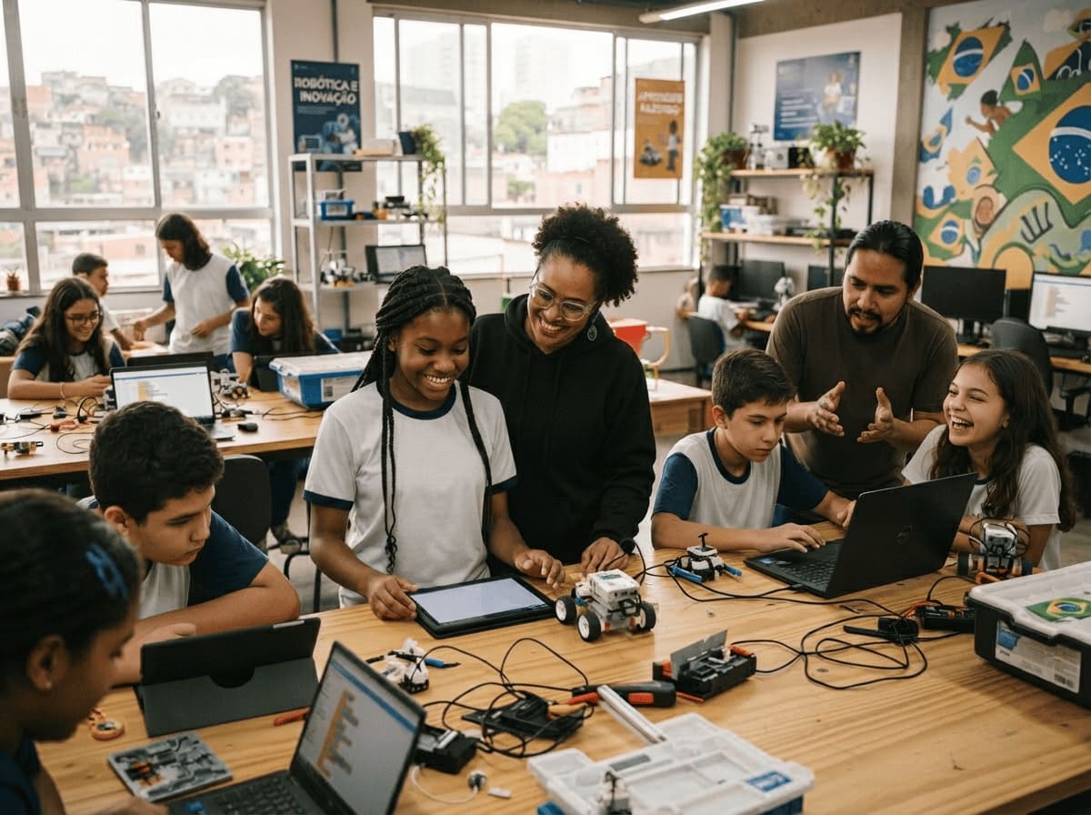 Laboratório comunitário de tecnologia digital com instrutores e jovens em computadores colaborativos