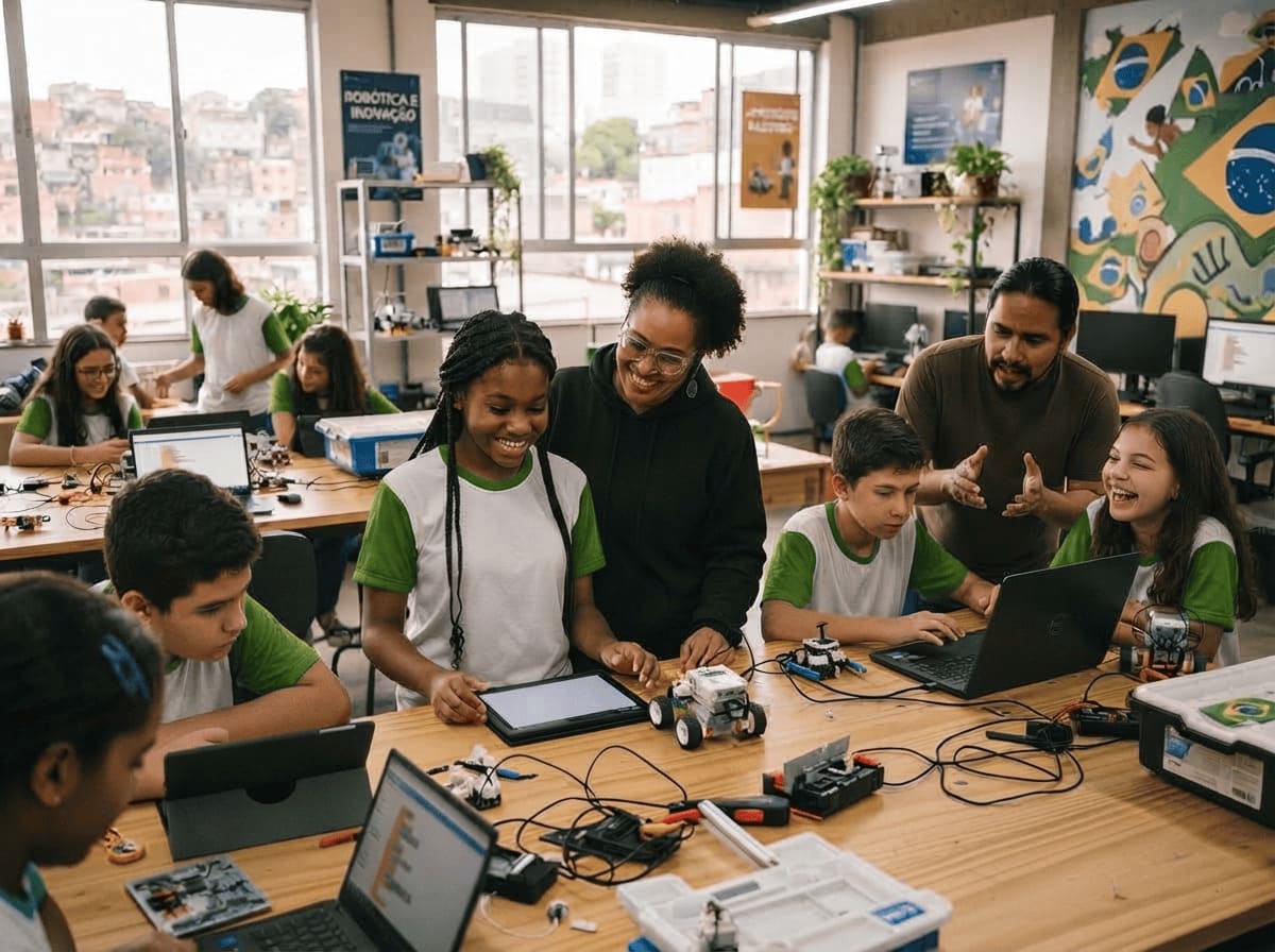 Estudantes em oficina de robótica educacional e cidadania digital