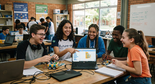 Jovens em atividade de tecnologia e educação digital