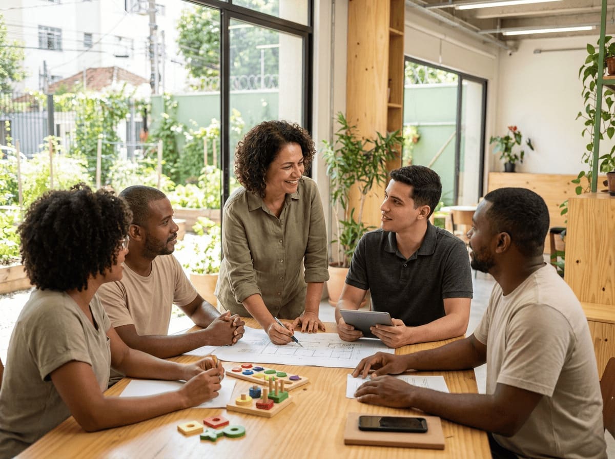 Equipe multidisciplinar de lideranças e educadores reunida ao redor de uma mesa planejando projetos de impacto social