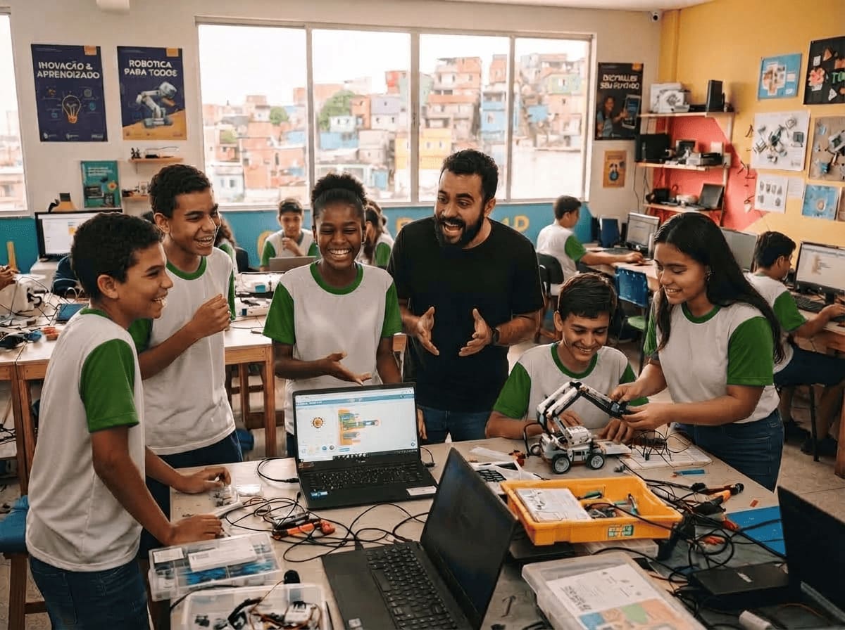 Estudantes e educador em sala de aula de robótica e tecnologia social